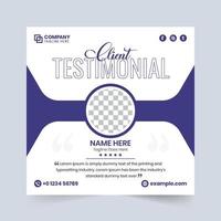 vector de plantilla de testimonio comercial con un marcador de posición de foto. revisión de clientes y diseño de sección de calificación de trabajo con colores púrpura y azul. vector de plantilla de testimonio de cliente.