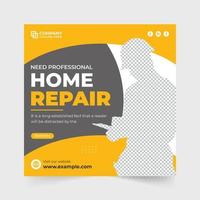 Creative home repair service social media post design with abstract shapes. House renovation and construction business promotional web banner vector. Real estate home repair business template vector. vector