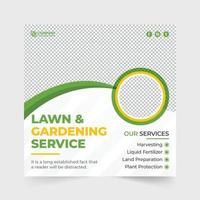 Harvesting and gardening service social media post design with green and blue colors. Lawn mower business template for marketing. Agro farm service promotional template design with creative shapes. vector