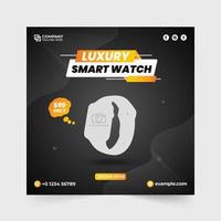 Modern wristwatch sale template vector with dark backgrounds. Smartwatch promotional template design for social media marketing. Clock store promotional template vector with creative abstract shapes.