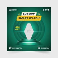 vector de publicación de redes sociales de venta de smartwatch con fondos azules y verdes. diseño de banner web cuadrado promocional de reloj de pulsera. plantilla de anuncio de tienda de relojes. plantilla de venta de gadgets para marketing.