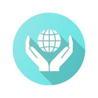 Globe in hands icon with long shadow for graphic and web design. vector