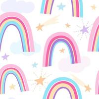 Cute seamless children pattern with rainbows, clouds and stars in boho, flat, doodle style vector