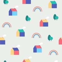 Cute seamless simple pattern with tiny houses, rainbow and trees in minimalistic flat style vector