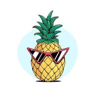 Pineapple in red sunglasses summer illustration in comic, cartoon style, vector drawing