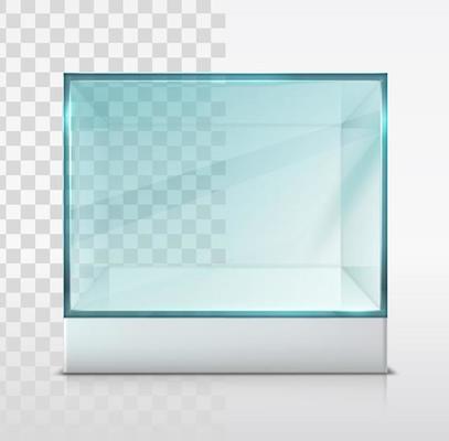 Vector 3d realistic glass box, cube for presentation on white stand. Isolated, transparent and white background.