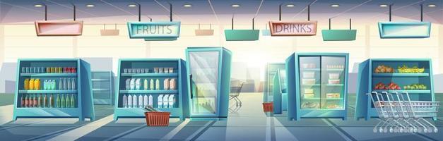 Big vector cartoon style supermarket with vending machines, shelves with food and drinks, shopping cart and basket.
