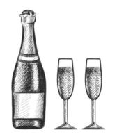 Vector hand drawn set of bottle of champagne with two glasses. Isolated on white background.