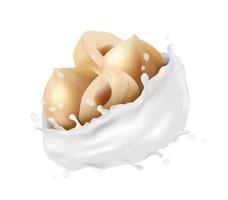 3d realistic vector icon. Design element for packaging, banners. Hazelnuts without shell. Dairy. milk splash.