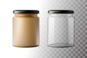 3d realistic vector icon. Glass jar. Transparent can with plastic lid. Empty and full bottle.