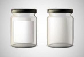 3d realistic vector icon. Glass jar with and without label. Transparent can with plastic lid. Empty, transparent bottle.