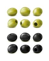 3d realistic vector icon set. Green    and black olives. Isolated on white background.