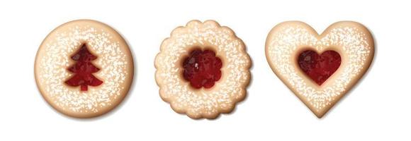 Conjunto de vectores 3d realistas de galletas linzer en diferentes formas. aislado sobre fondo blanco.