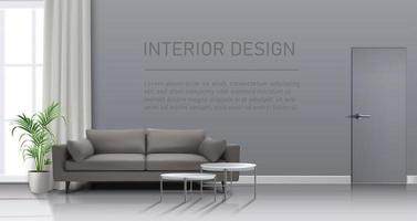 3d realistic vector living room interior with window, curtains, sofa with coffee tables and copy space for your message.