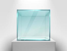 3d realistic vector glass square showcase on a white stand for presentation.