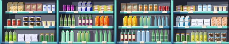 Big seamless collection of vector cartoon style supermarket shelves with products, food, drinks.