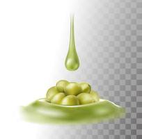 Icono de vector realista 3d. gota de aceite de oliva. aceitunas.