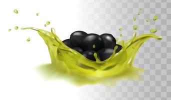 3d realistic vector icon. Olive oil splash. Black olives.