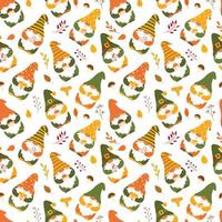 Seamless pattern with cute autumn gnomes holding mushroom, leaves, twigs in their hands. Backdrop of cartoon forest dwarfs for wrapping paper, wallpaper, textile. Vector characters on white