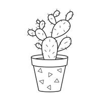 Vector outline cactus in pot. Indoor succulent plant with thorns. Cacti for home and interior. Botanical doodle linear black and white illustration isolated on white background.