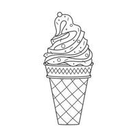 delinee el helado en un cono de galleta con chispas. comida dulce de verano. delicioso postre helado. vector lineal garabato dibujado a mano ilustración en blanco y negro aislado en un fondo blanco