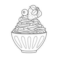 Outline Whipped ice cream in bowl. Dairy cold dessert with strawberry and blueberry. Seasonal sweet food. Black and white doodle hand drawn Vector illustration isolated on a white background.