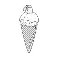 Outline ice cream in a waffle cone with icing, glaze and strawberry. Summer sweet food. Delicious frozen dessert. Vector linear doodle Hand drawn black and white illustration isolated on white