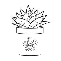 Vector outline aloe in pot. Indoor succulent plant with fleshy leaves. House plant for home and interior. Botanical doodle linear black and white illustration isolated on white background.