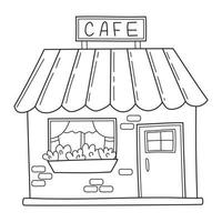 Simple cute cafe with window and flowerbed in sketch doodle style. vector