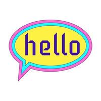 Y2K sticker in the form of a speech bubble with a colored outline and the word Hello. Text graphic element in bright acid colors. Nostalgia for the 2000s. Simple vector illustration isolated on white