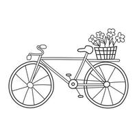 una bicicleta de dos ruedas con una cesta de flores al estilo de los garabatos. vector