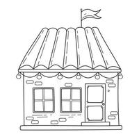 casa sencilla con pared de ladrillo, guirnalda y bandera en estilo de boceto vector