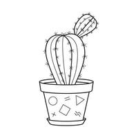 Vector outline cactus in pot. Indoor succulent plant with thorns. Cacti for home and interior. Botanical doodle linear black and white illustration isolated on white background.