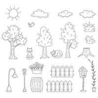 A set of hand-drawn outline trees, clouds, cats, bushes in sketch doodle style. vector