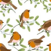 Robin birds and mistletoe vector seamless pattern. Birds and pland winter, christmas texture.