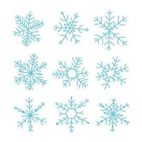 Blue snowflake simple hand drawn icons collection isolated on white background. New year, Christmas design elements, winter snow, frozen ice crystal, Xmas frost symbol vector