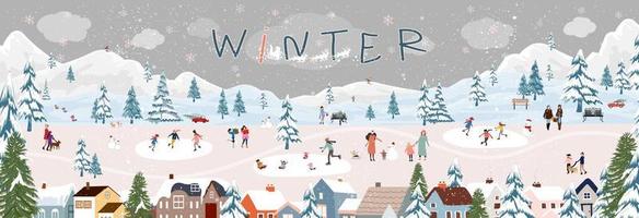 Winter scene in village with people having fun doing outdoor activity on New Year Eve,Cute Vector Christmas background with people celebration in small town,kid playing ice skates, skiing on mountain