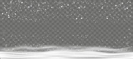 Winter background with snow falling on transparent background, Vector  Christmas banner with snowflakes in different shapes on snowdrifts.Holiday backdrop for Merry Christmas and Happy New Year 2023