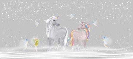 familia de unicornios de escena de invierno caminando sobre la nieve con pequeñas hadas volando, dibujos animados lindos vectoriales feliz navidad y feliz año nuevo 2023 tarjeta de felicitación con paisaje de fantasía bosque mágico del país de las maravillas de invierno. vector