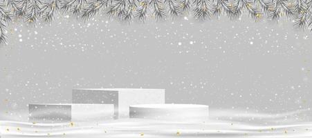 Winter holiday background with Christmas tree branches Border,Ornaments and 3d Podium on Snow ground.Fir needles garland with snowy,Christmas greeting card,New year 2023 banners, headers, party poster vector