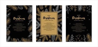 Set of Merry Christmas and Happy New Year vertical invitation templates and greeting cards with hand drawn golden evergreen branches and cones on black background. Vector illustration in sketch style
