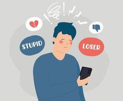 Sad man suffers from bullying, scorn and contempt on the internet. Peers engage in bullying behavior towards a teenage boy. Cyberbullying and bad influence on social media concept. vector