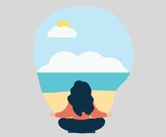 A meditating woman practices yoga on the beach. Calm female in lotus pose doing breathing exercises in front of a nature view. Mindfulness, Zen, Guided Meditation, Landscape, Harmony Concept. vector