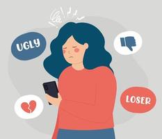 Sad woman suffers from bullying, scorn and contempt on the internet. Peers engage in bullying behavior towards a teenage girl. Cyberbullying and bad influence on social media concept. vector