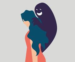 Ghost or evil whispering to a woman with dissociative identity disorder. Girl with Schizophrenia symptoms looks scared tries to hide her face. Concept of Split Personality or mental health disorder vector