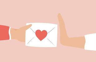 mujer rechazando una carta o sobre con corazón rojo que contiene una confesión de amor y afecto de un hombre. concepto de declaración de amor no solicitada, ruptura de relaciones, zona de amigos y corazón roto. vector