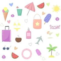 Summer set. Ice cream, airplane, palm tree, luggage, watermelon. Vector illustration isolated on white.