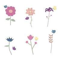 Set of colourful flowers with butterflies. Vector illustration isolated on white.