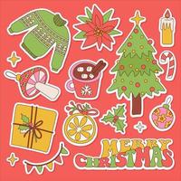Merry Christmas groovy retro 70s sticker set of cute elements. Hippie holiday collection clip art in linear hand drawn style. Christmas tree, sweater, gifts trendy objects collection. Vector design.