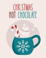 ilustración y texto taza de bebida de chocolate caliente de navidad con crema y bastón de caramelo, banner de anuncio de navidad para café vector